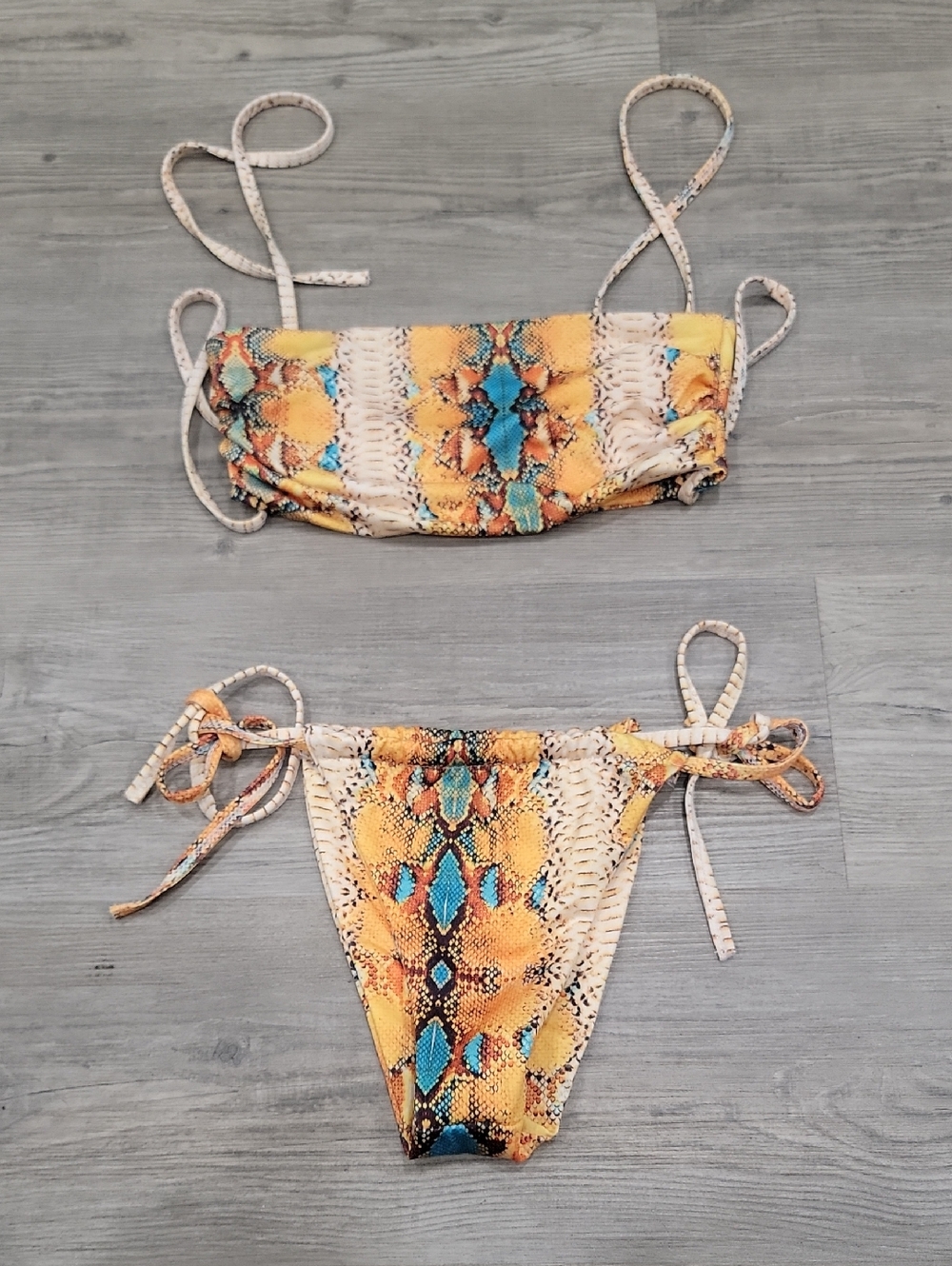 Yellow & Teal Snake Print Tie-Side Bikini